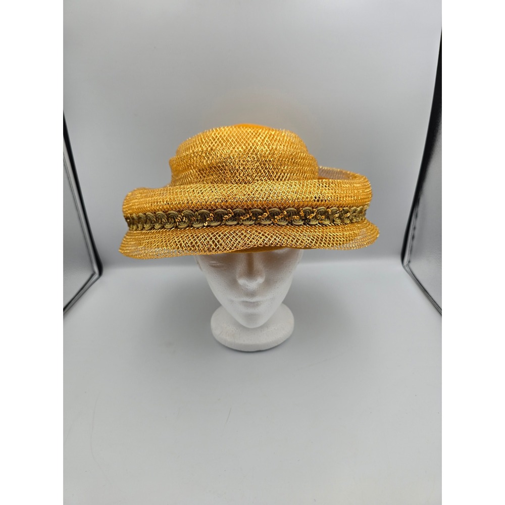 Vintage Pillbox Hat Women OS Mustard Yellow Excellent Gold Mesh Sequin ,Wool‎